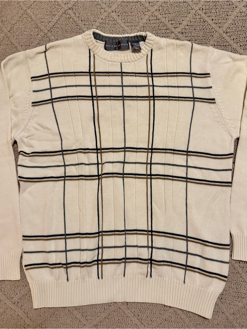 Oscar de la Renta XL Cream Plaid 100% Cotton Crewneck Sweater